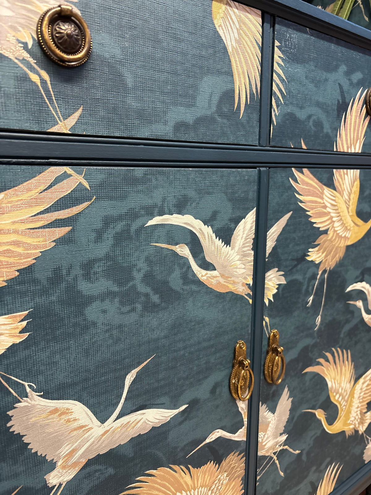 Navy Bird Crane Gold Upcycled Cabinet Bookcase