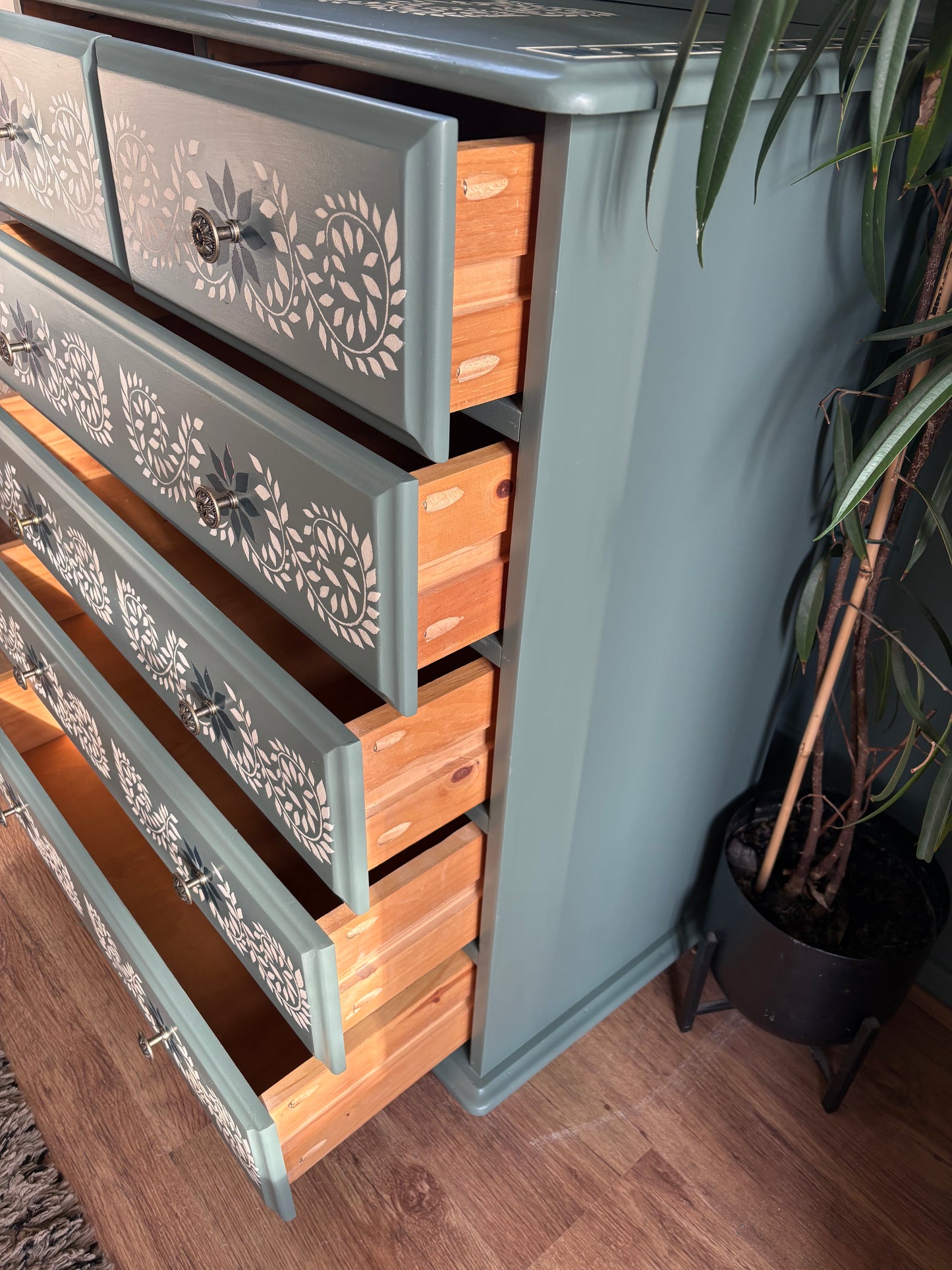 Handpainted Sage Green Stencil Chest of Drawers Upcycled