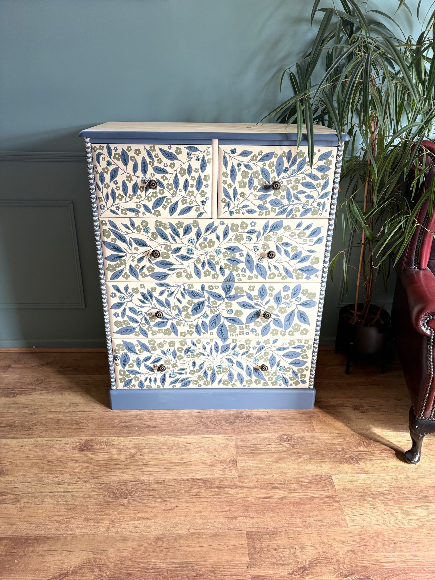 Handpainted floral leaf cream green blue upcycled chest of drawers