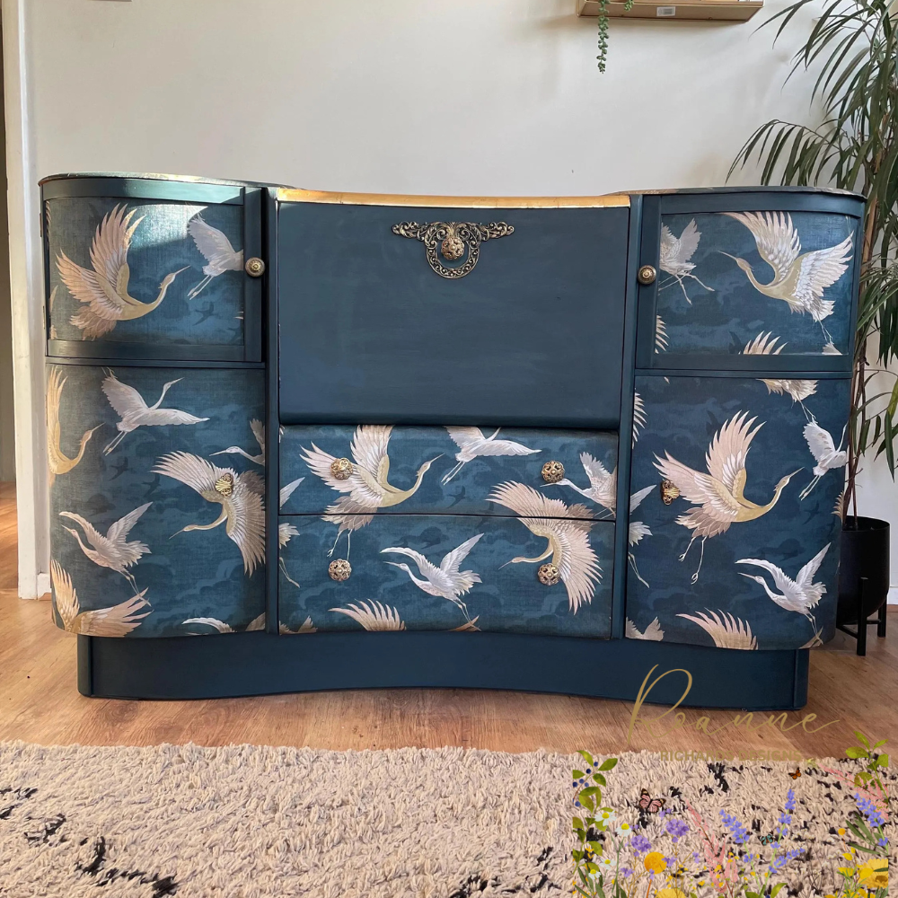 Vintage Navy Blue Gold Bird Crane Luxury Cocktail Drinks Sideboard