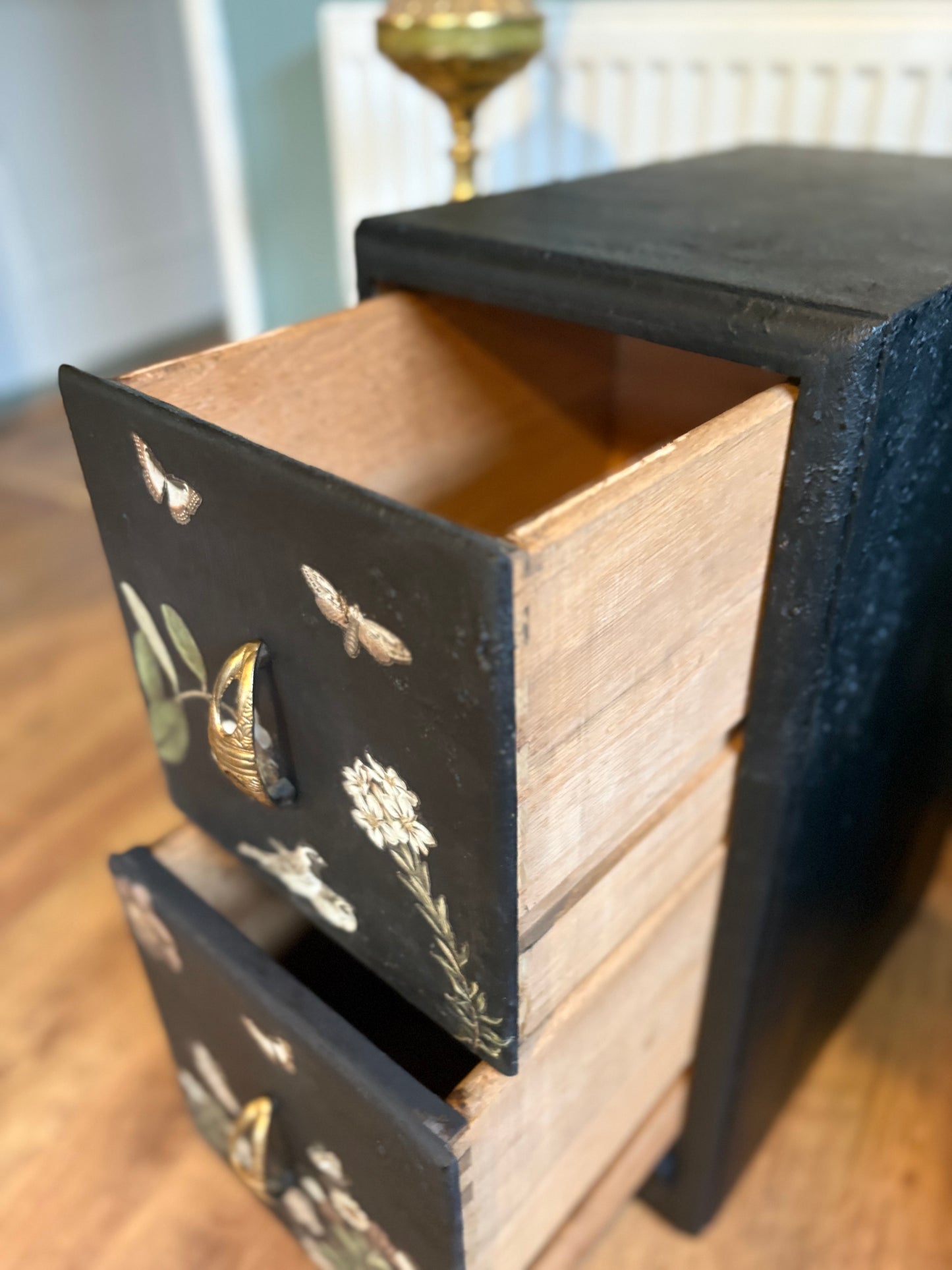 Upcycled Bedside cabinets art deco floral black vintage