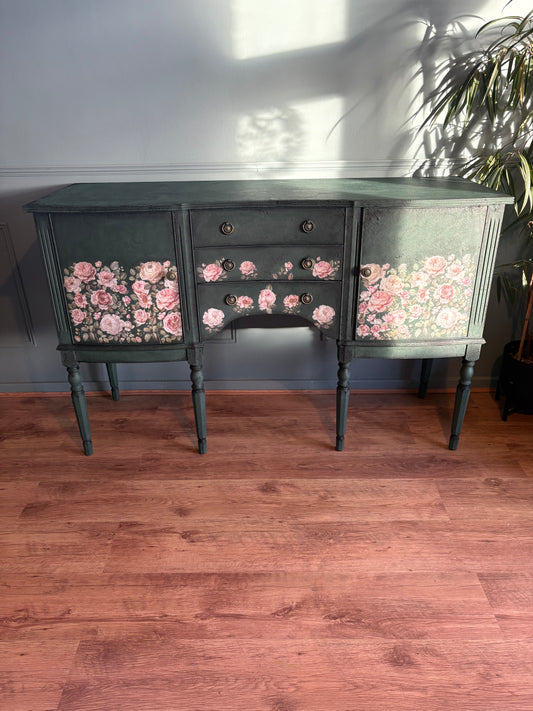 Dark Green Chalk Handpainted Floral Vintage Antique Sideboard upcycled refurbished - delivery included