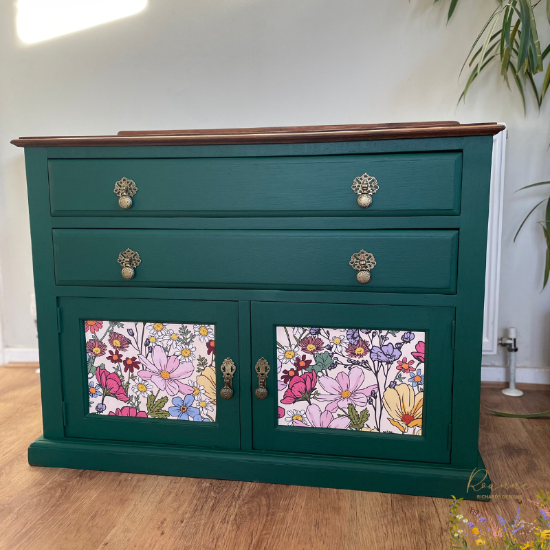 Designer Upcycled Victoria Green Oak Sideboard Floral Tv cabinet Wildflower