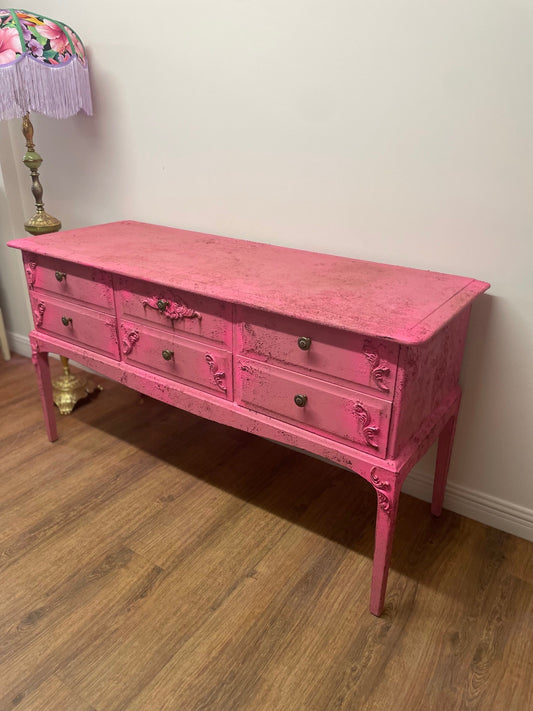 Hot Neon Pink Vintage Distressed  Sideboard Dressing Table