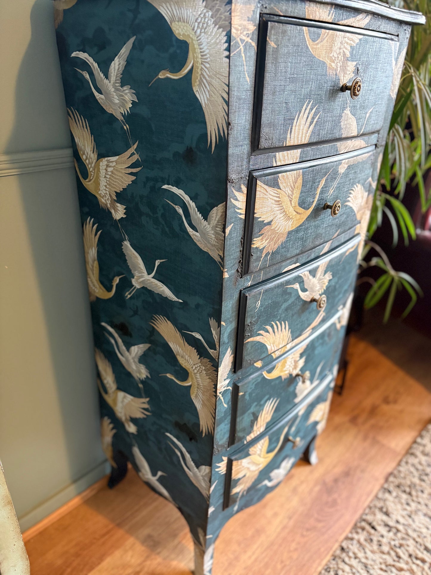 Tallboy Navy Gold Crane Bird Chest of Drawers