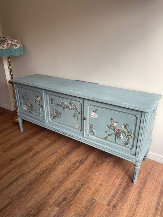 Duck Egg Vintage Distressed Antique Floral Bird Sideboard Upcycled