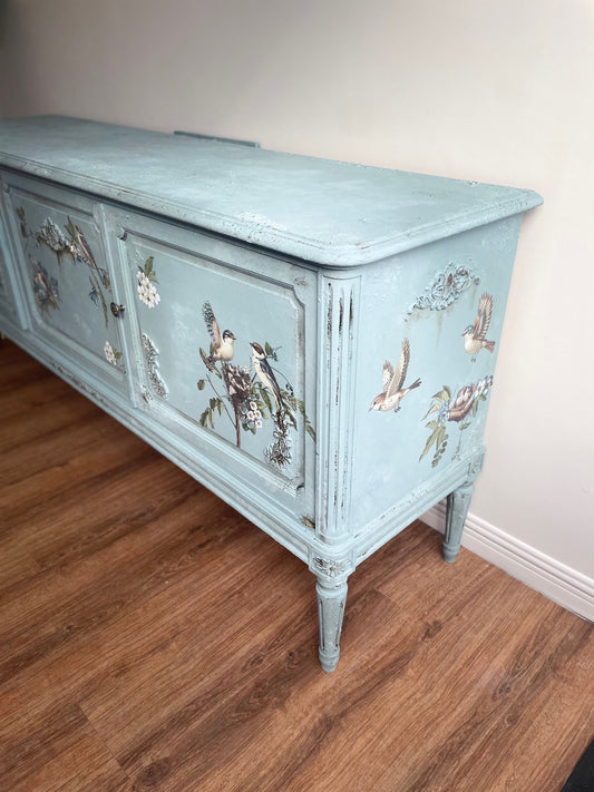 Duck Egg Vintage Distressed Antique Floral Bird Sideboard Upcycled