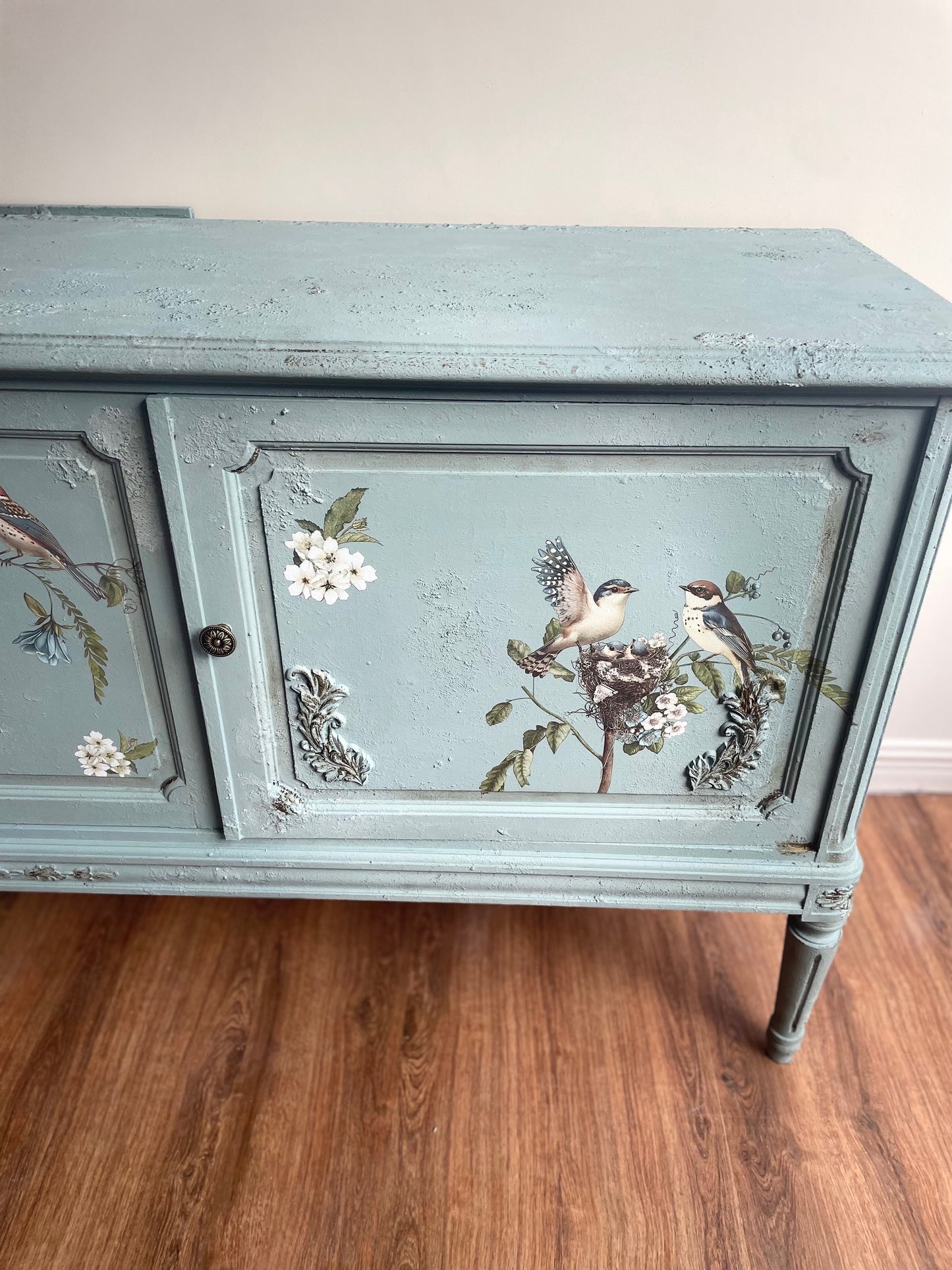 Duck Egg Vintage Distressed Antique Floral Bird Sideboard Upcycled
