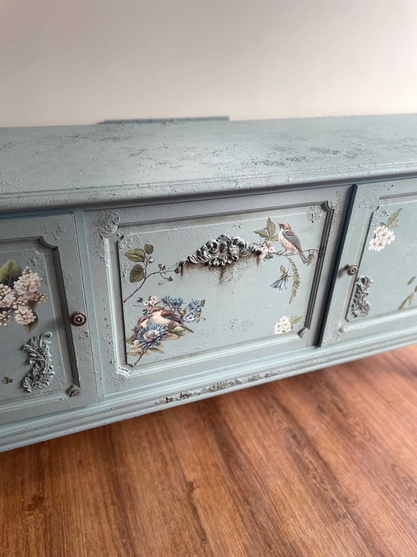 Duck Egg Vintage Distressed Antique Floral Bird Sideboard Upcycled