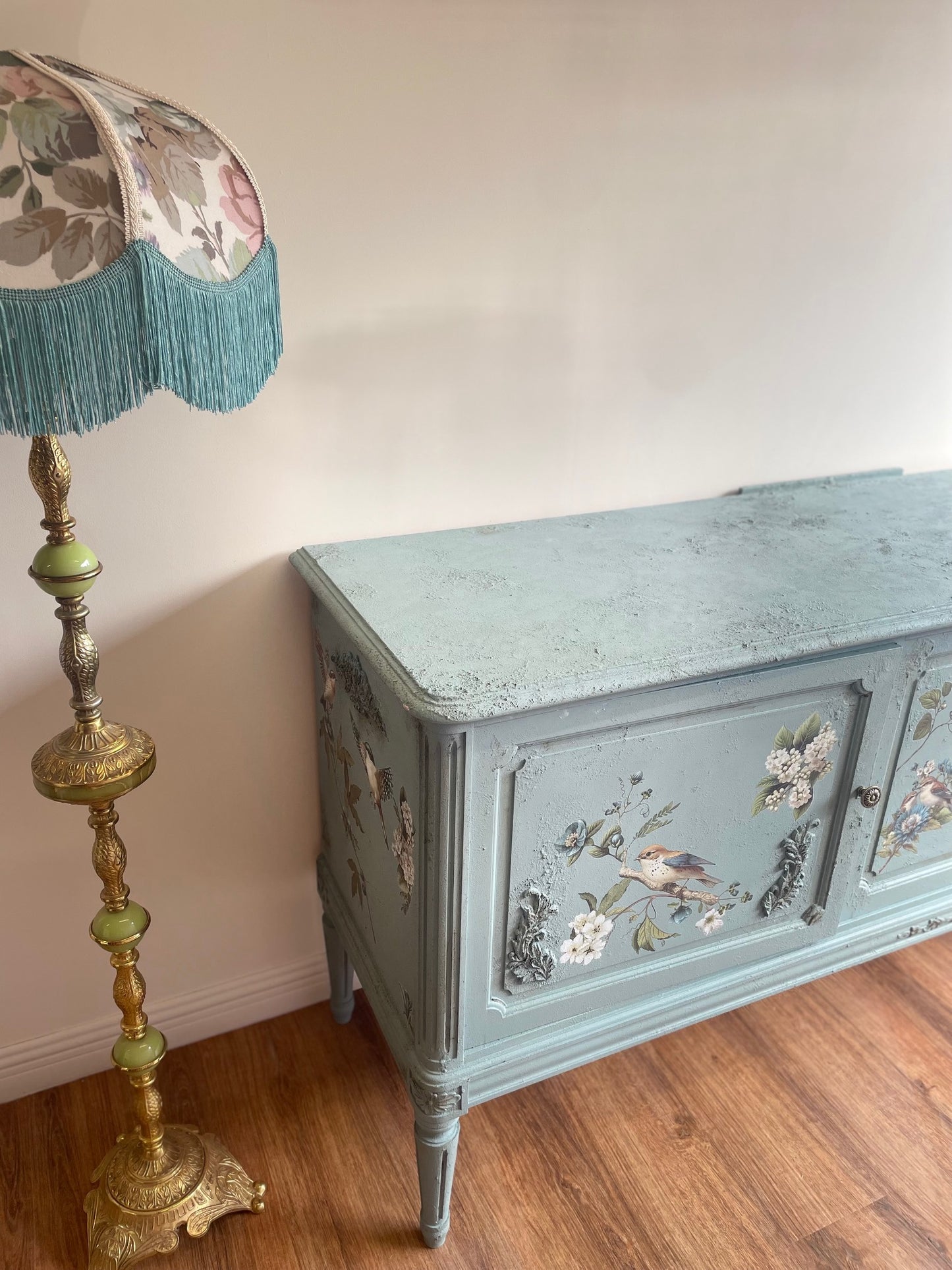 Duck Egg Vintage Distressed Antique Floral Bird Sideboard Upcycled