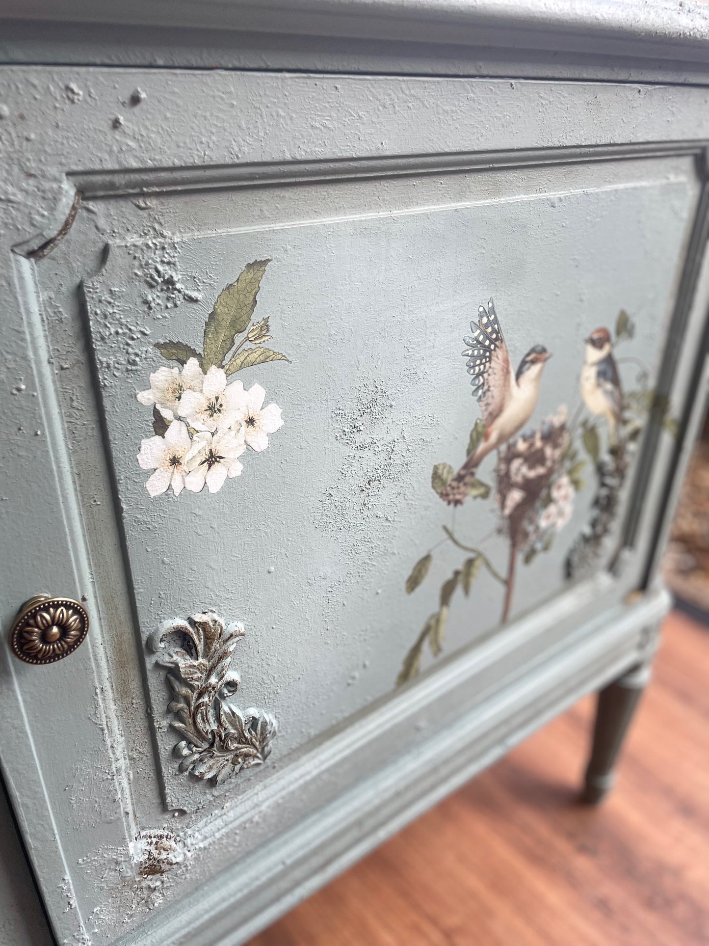 Duck Egg Vintage Distressed Antique Floral Bird Sideboard Upcycled