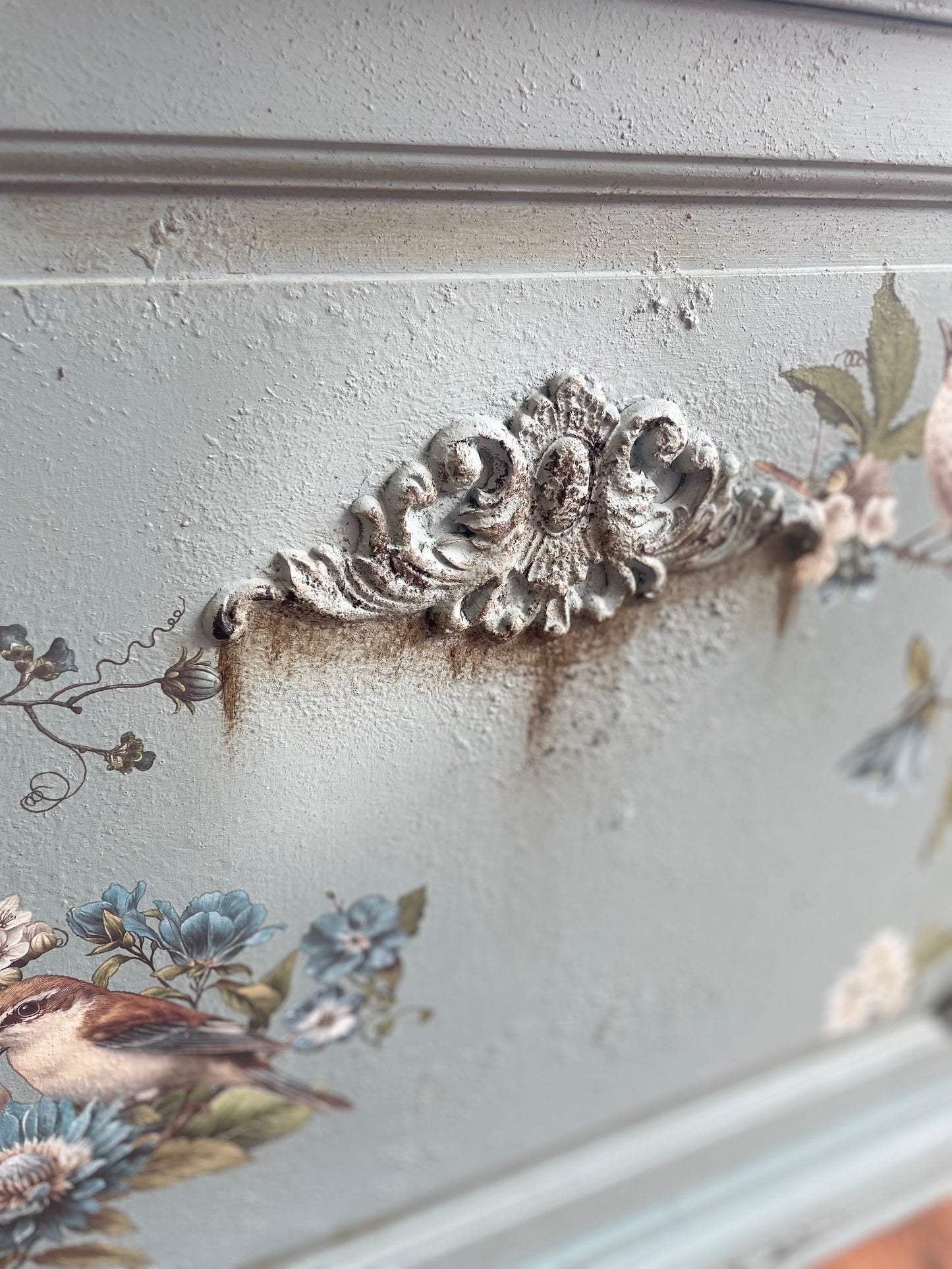 Duck Egg Vintage Distressed Antique Floral Bird Sideboard Upcycled
