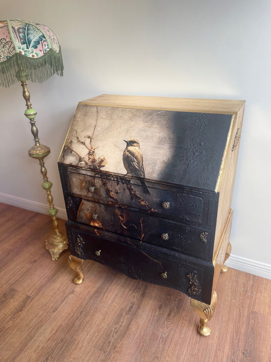 Vintage Upcycled Antique Black Gold Bird Bureau