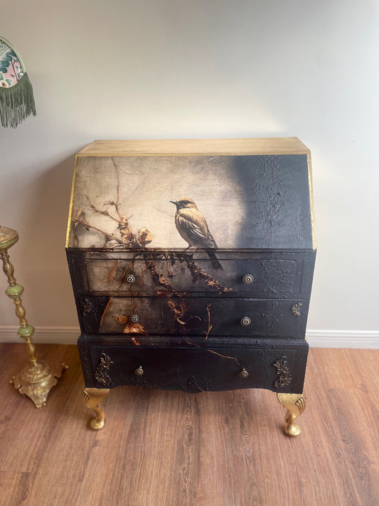 Vintage Upcycled Antique Black Gold Bird Bureau