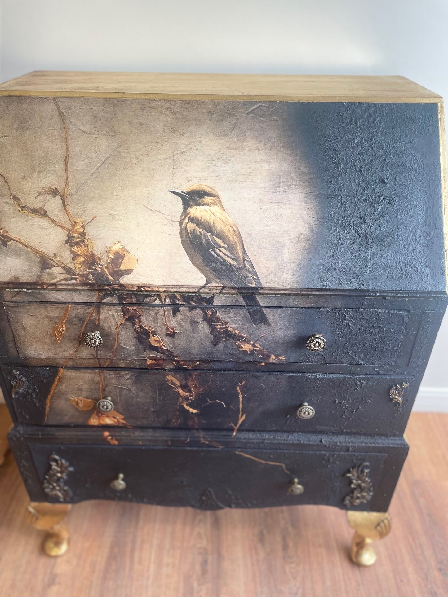 Vintage Upcycled Antique Black Gold Bird Bureau