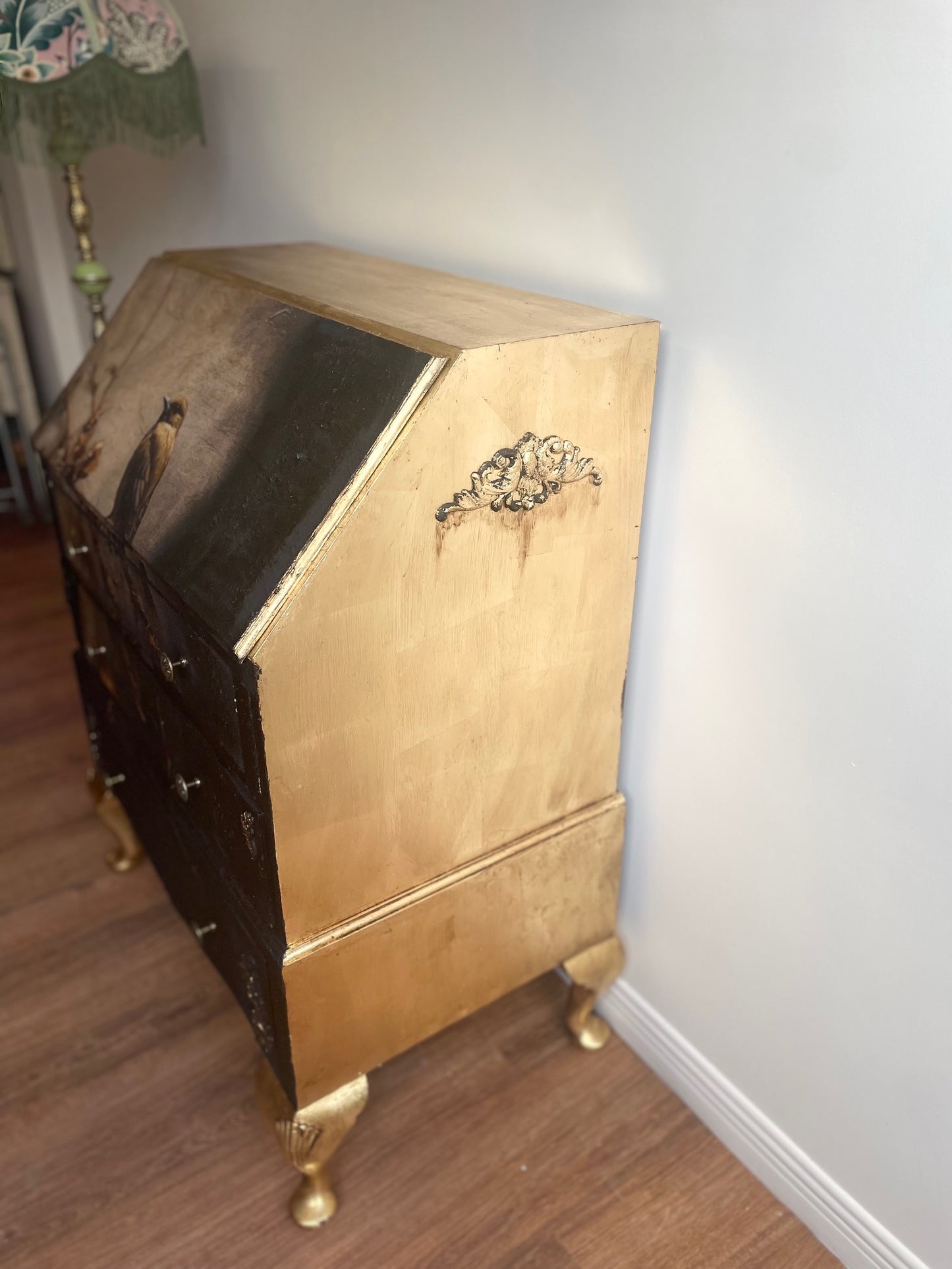 Vintage Upcycled Antique Black Gold Bird Bureau