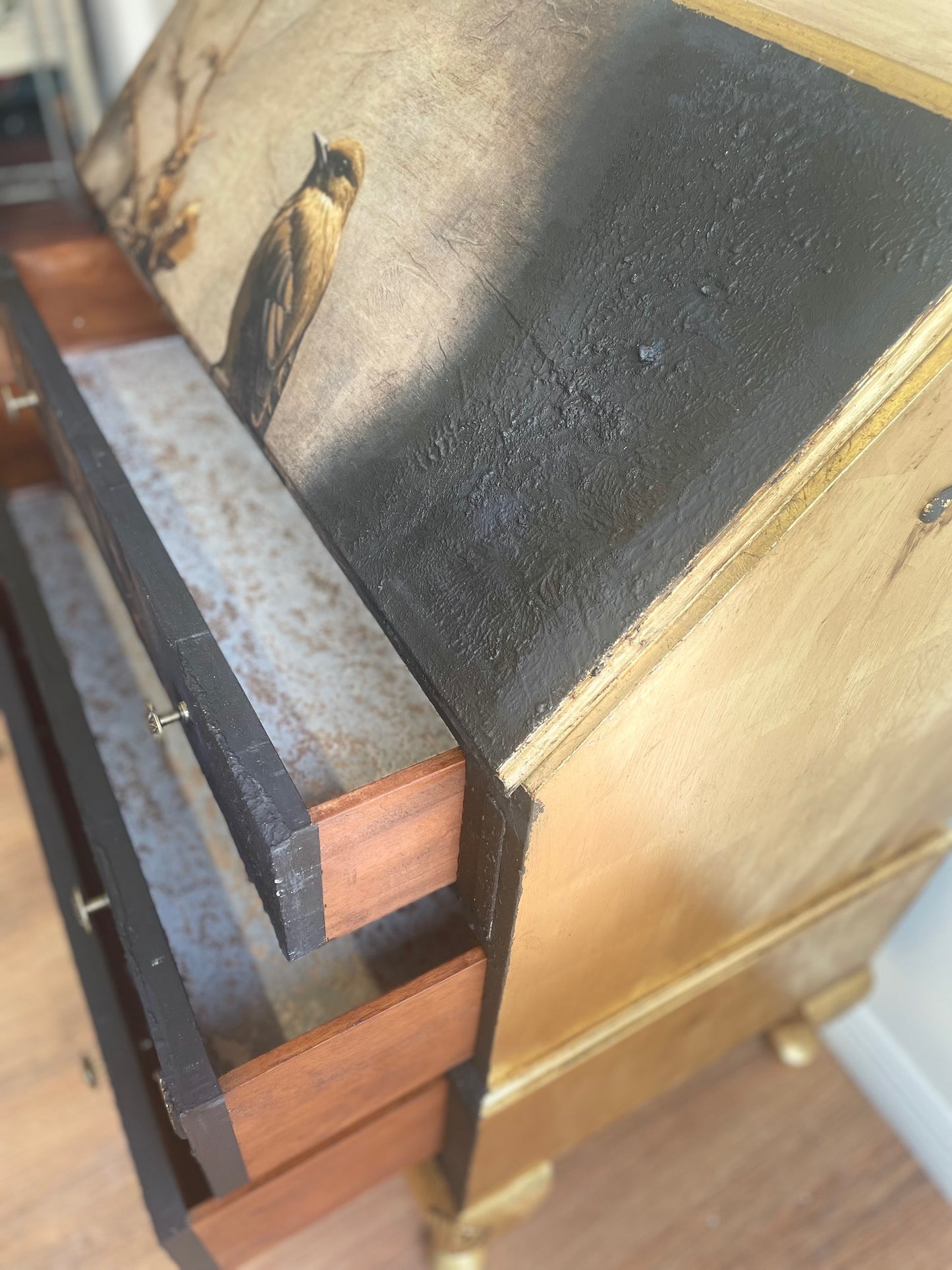 Vintage Upcycled Antique Black Gold Bird Bureau