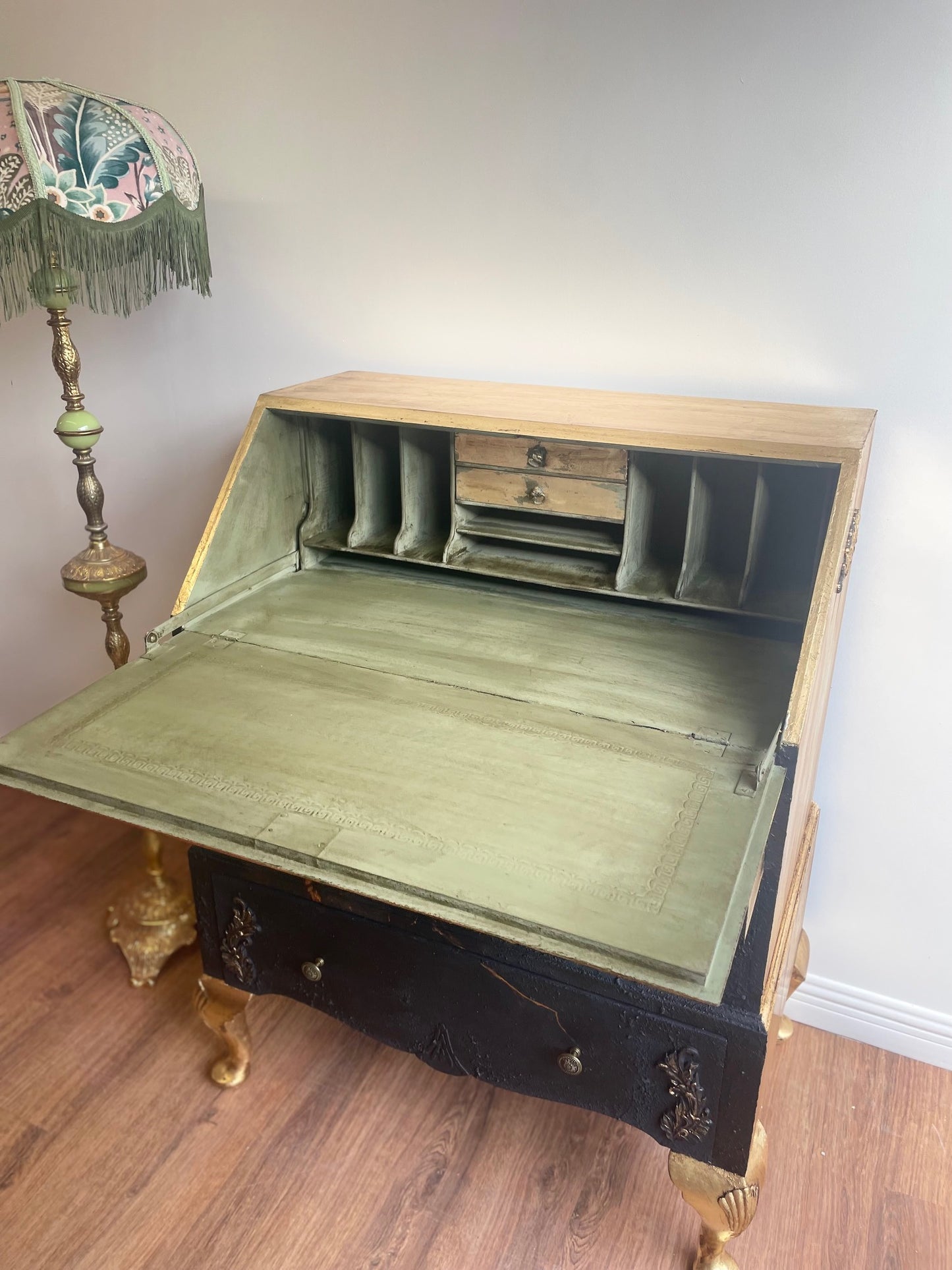 Vintage Upcycled Antique Black Gold Bird Bureau