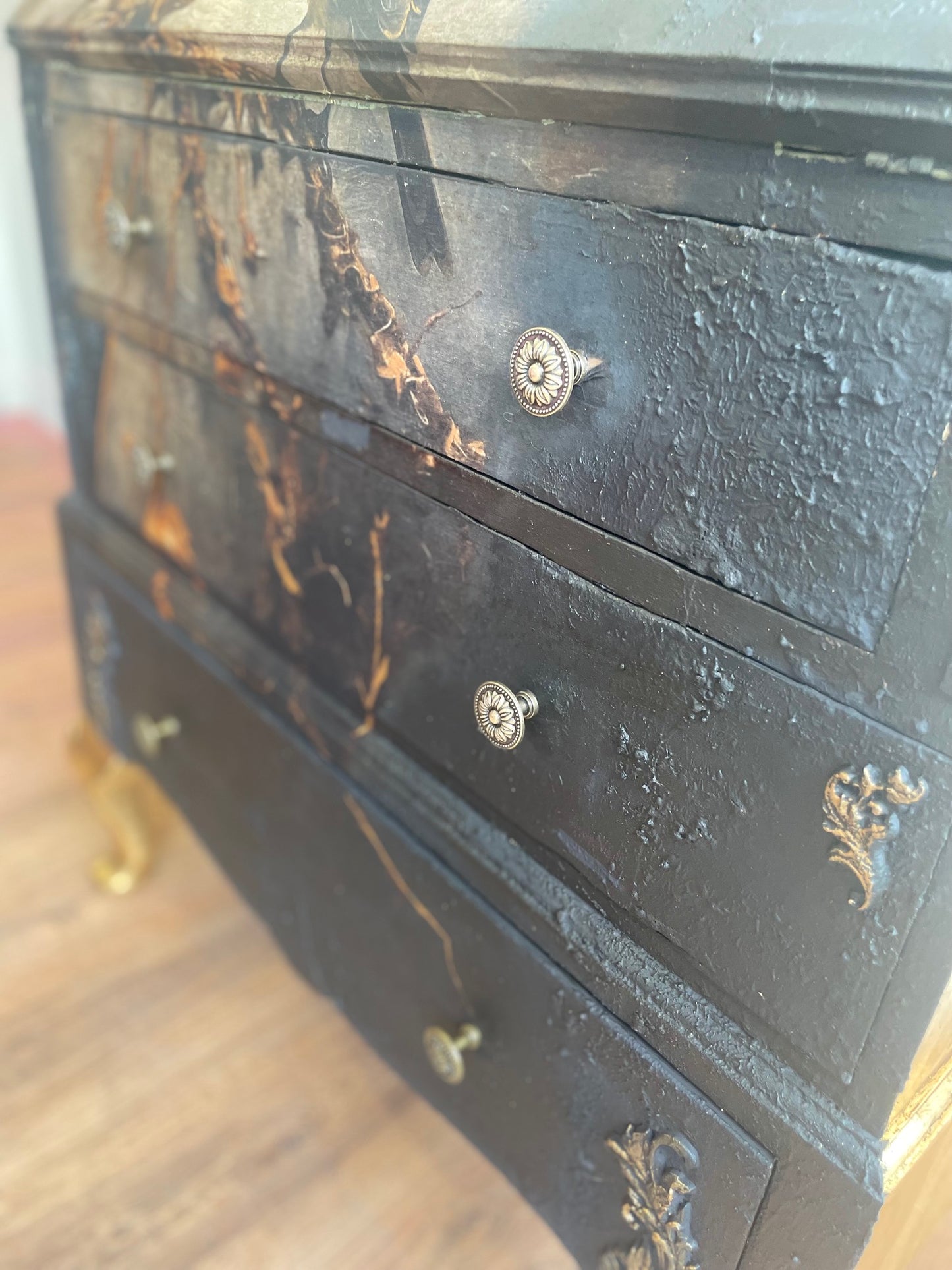 Vintage Upcycled Antique Black Gold Bird Bureau