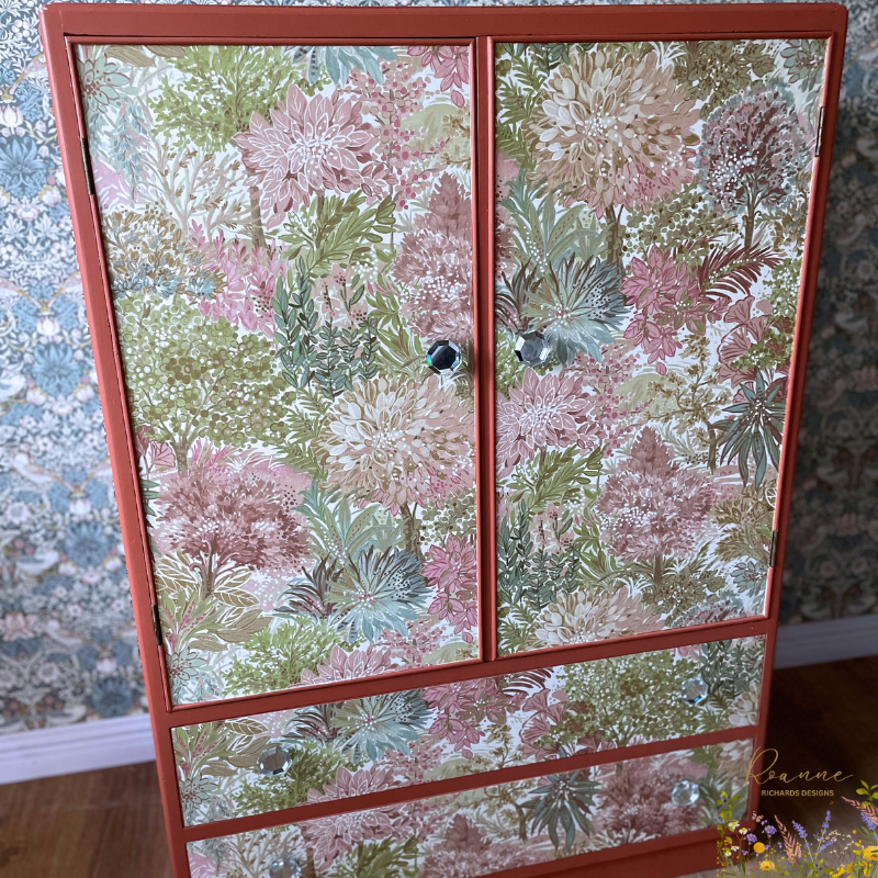 Refurbished Tan Rust Floral Tree Pink Olive Green Tallboy Cabinet Olive Upcycled
