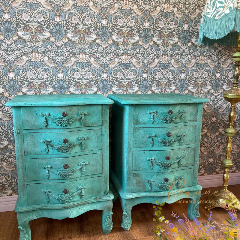 Antique Style Teal Distressed Stunningn Turquoise Vintage Bedside cabinets