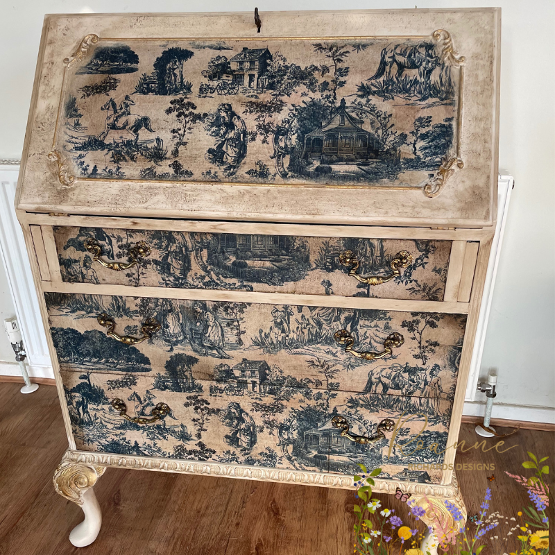 Distressed Vintage French Toile Cream & Blue Bureau