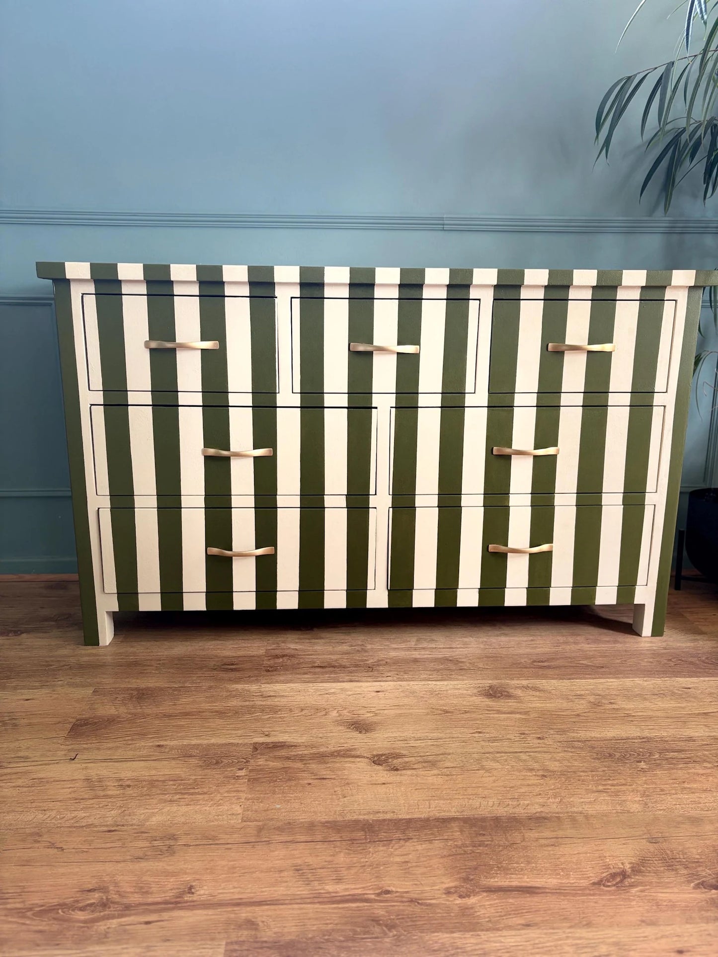 Solid pine wood Chest of drawers olive green cream stripe