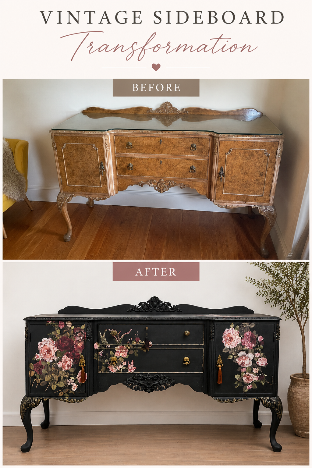 Before & After Redesign with Prima Floral Black Antique Sideboard