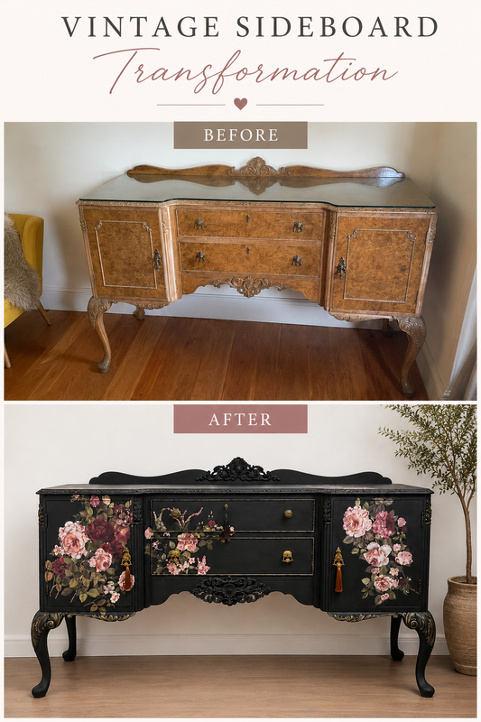 Before & After Redesign with Prima Floral Black Antique Sideboard