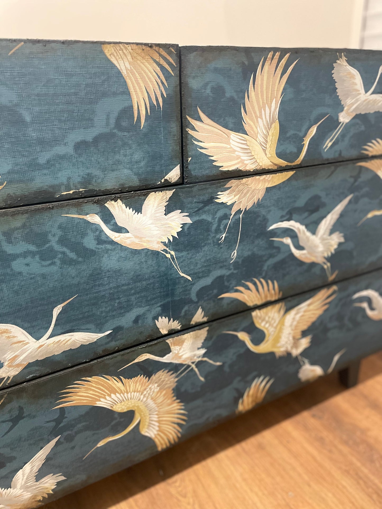 Navy Textured Crane Bird Gold Chest of Drawers