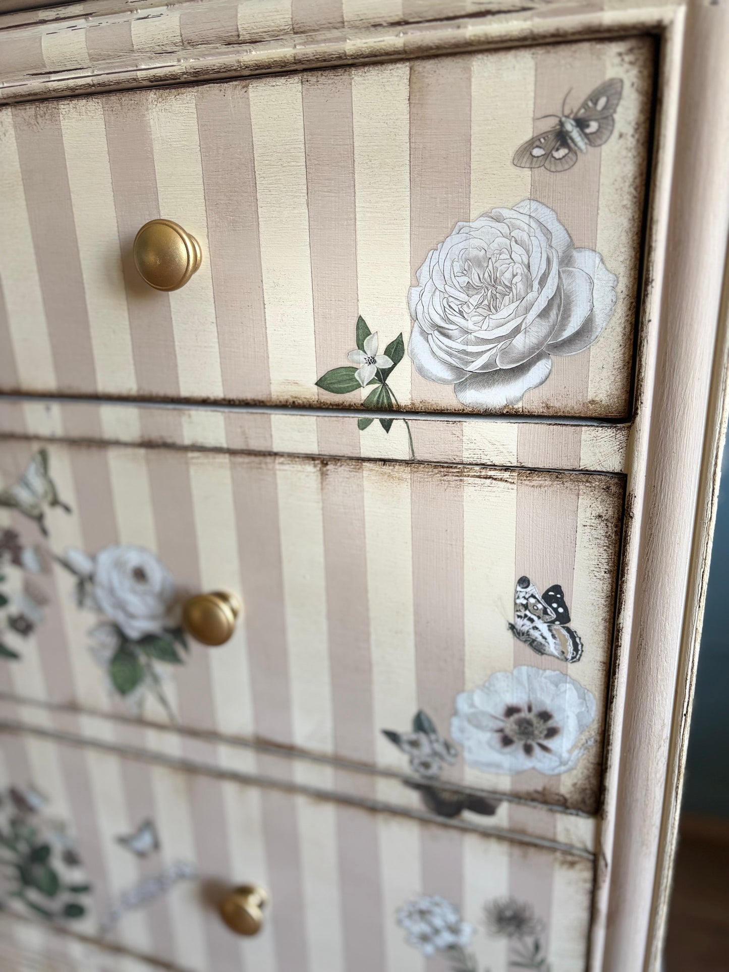 Beige & Cream Chest of Drawers Floral Handpainted upcycled refurbished Willis & Gambier