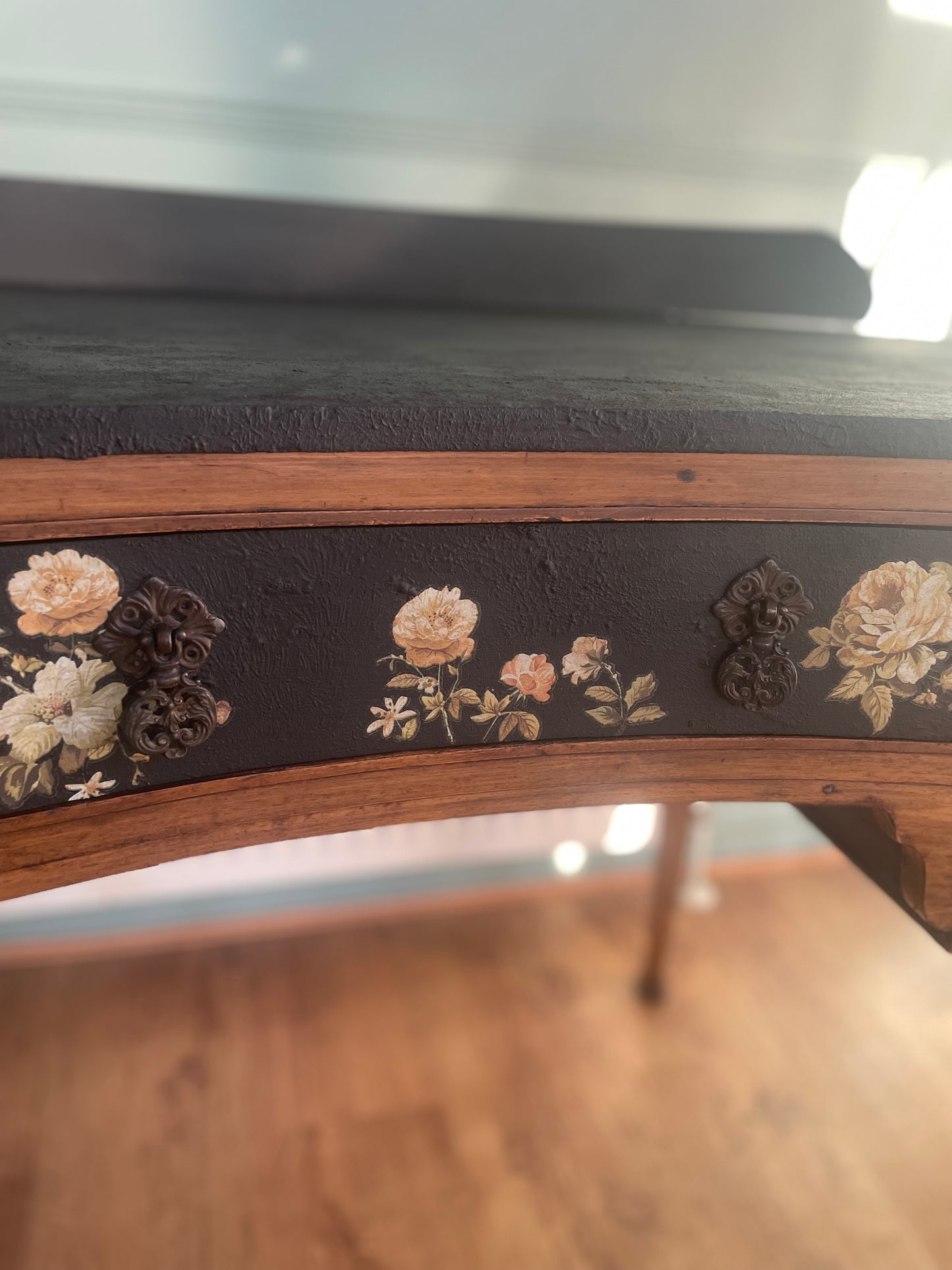 French Amoire Black Floral Antique Dressing table Desk