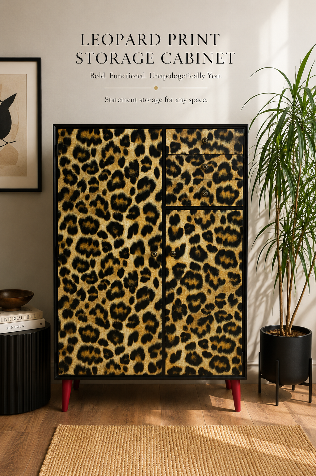 Leopard print wallpapered storage cabinet gentleman’s wardrobe upcycled refurbished