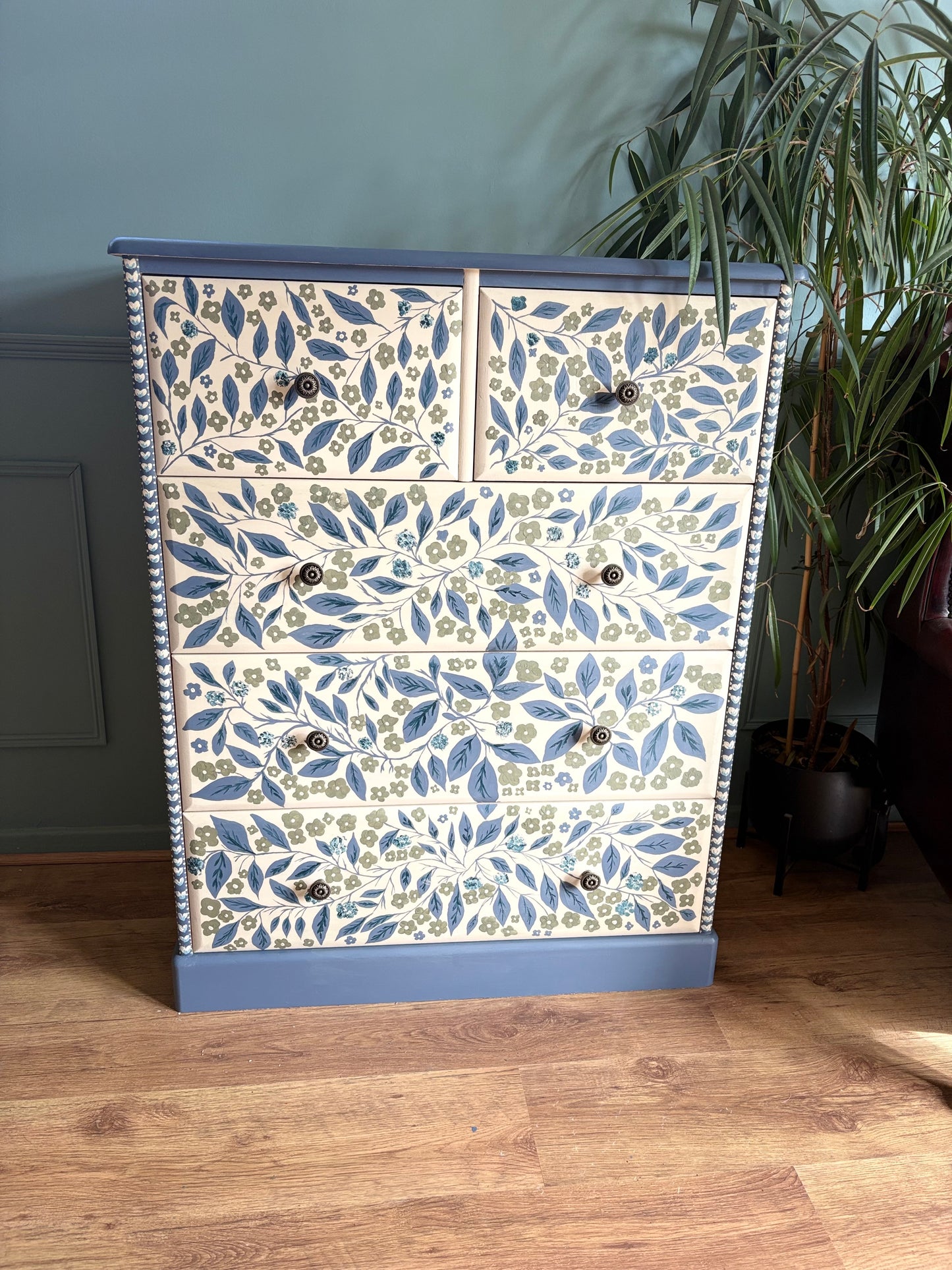 Handpainted floral leaf cream green blue upcycled chest of drawers