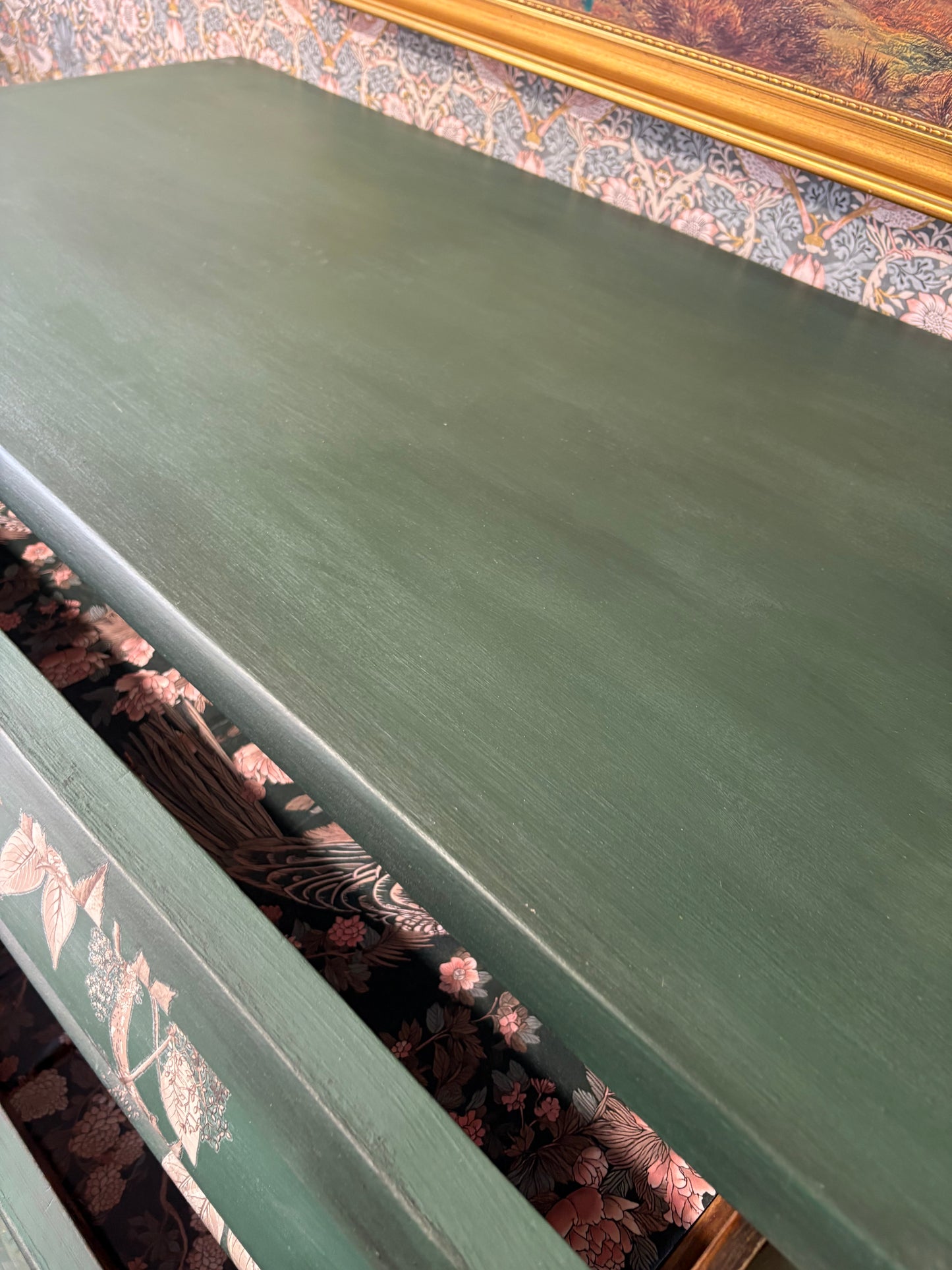 Antique Large Solid Wood Dark Green Floral Beige Chest of Drawers