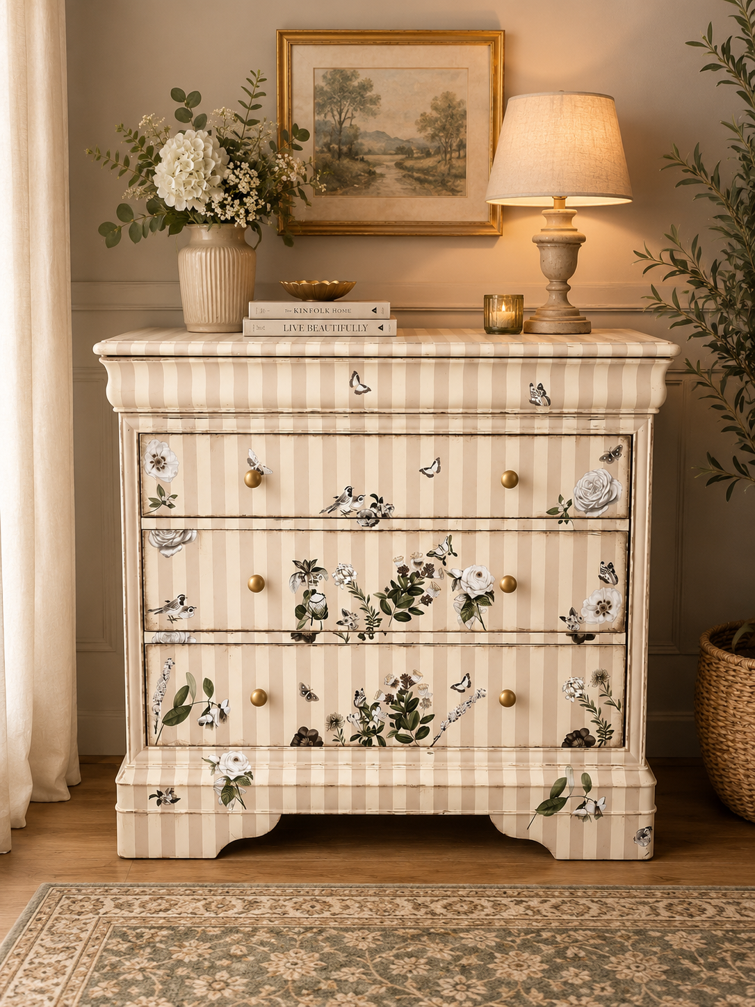 Beige & Cream Chest of Drawers Floral Handpainted upcycled refurbished Willis & Gambier