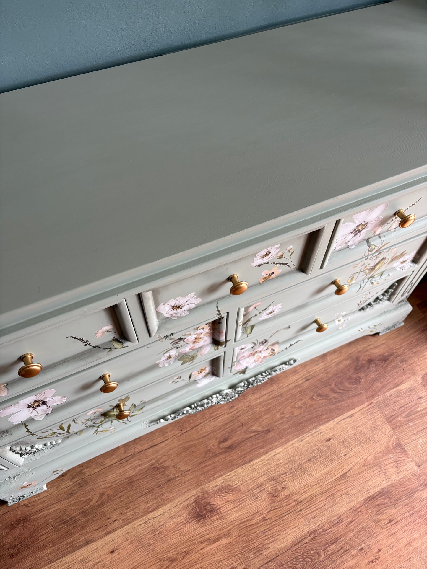 Chest of Drawers 7 large Sage Pale Green Floral Upcycled refurbished