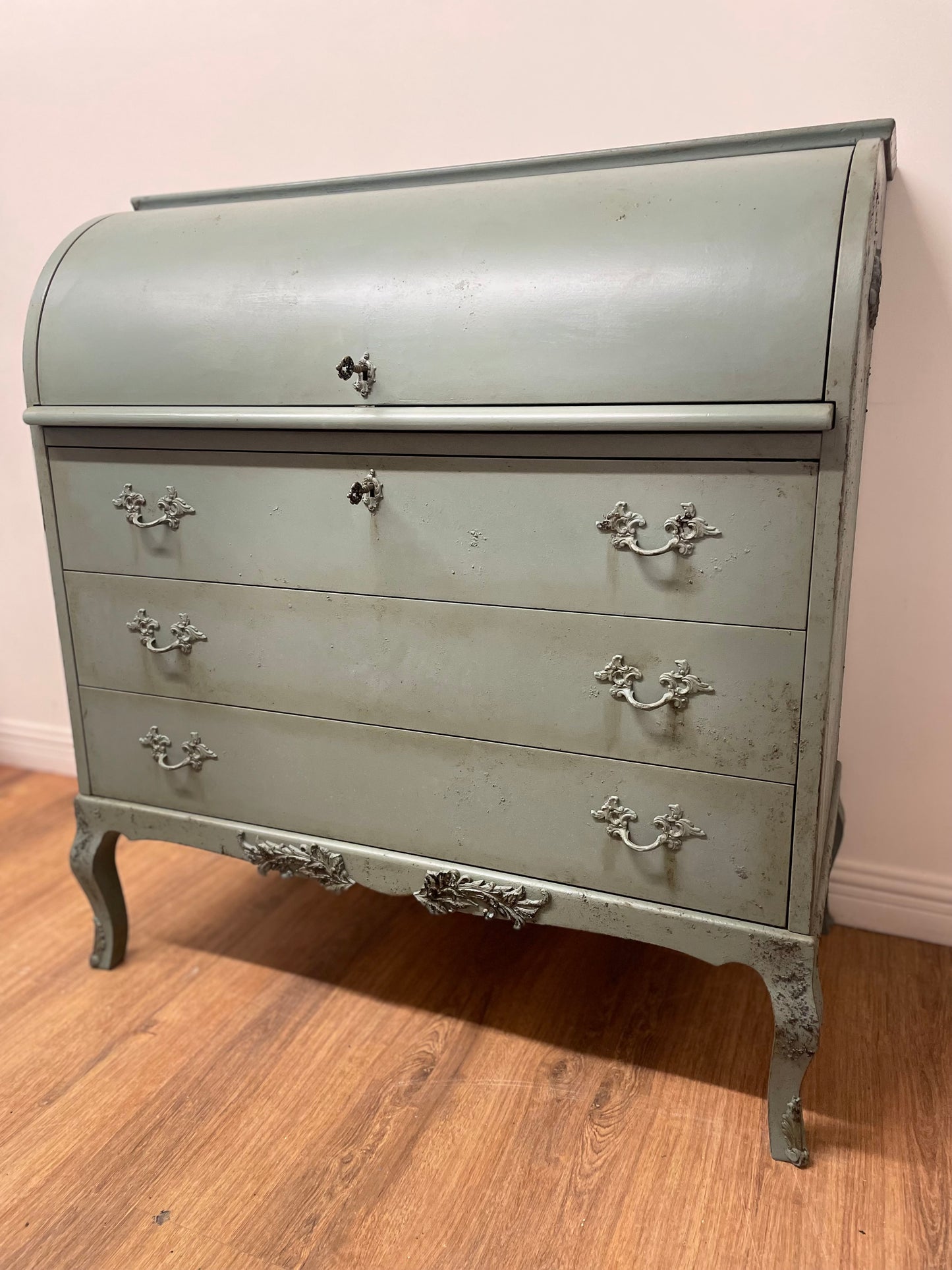 Vintage Antique Roll top sage Green teal Bureau