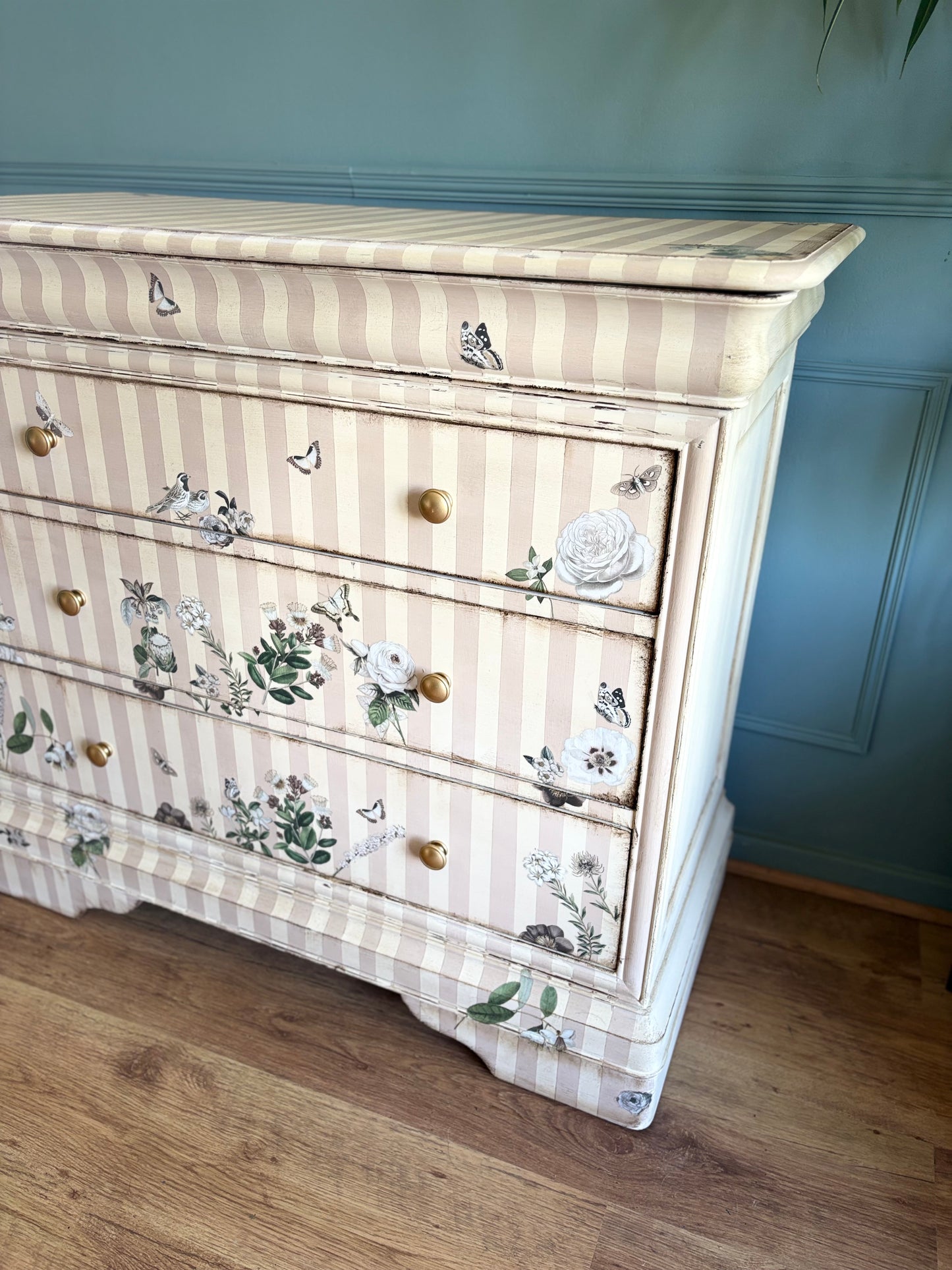 Beige & Cream Chest of Drawers Floral Handpainted upcycled refurbished Willis & Gambier