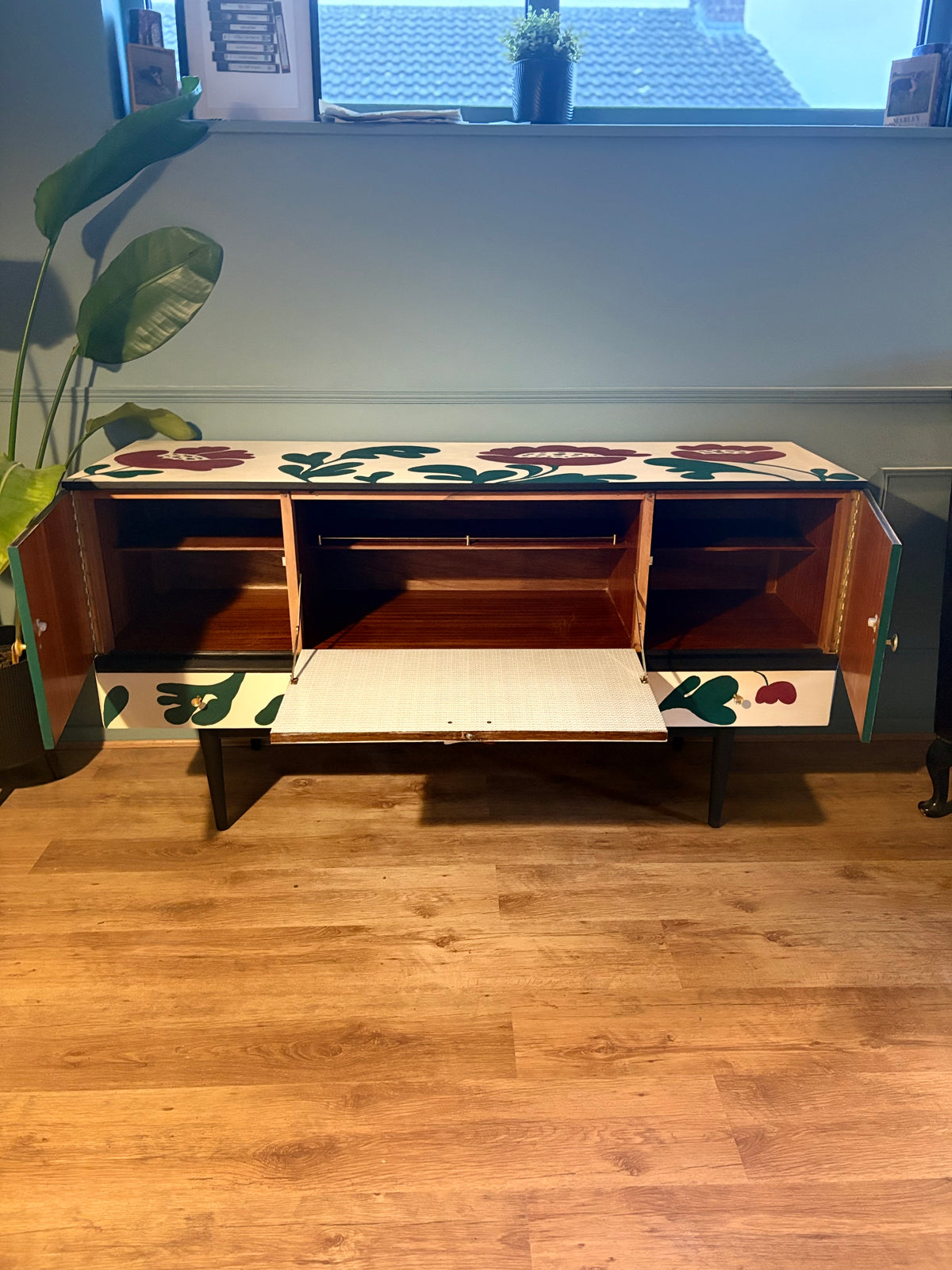Upcycled floral green burgundy hand painted unique sideboard drinks cabinet