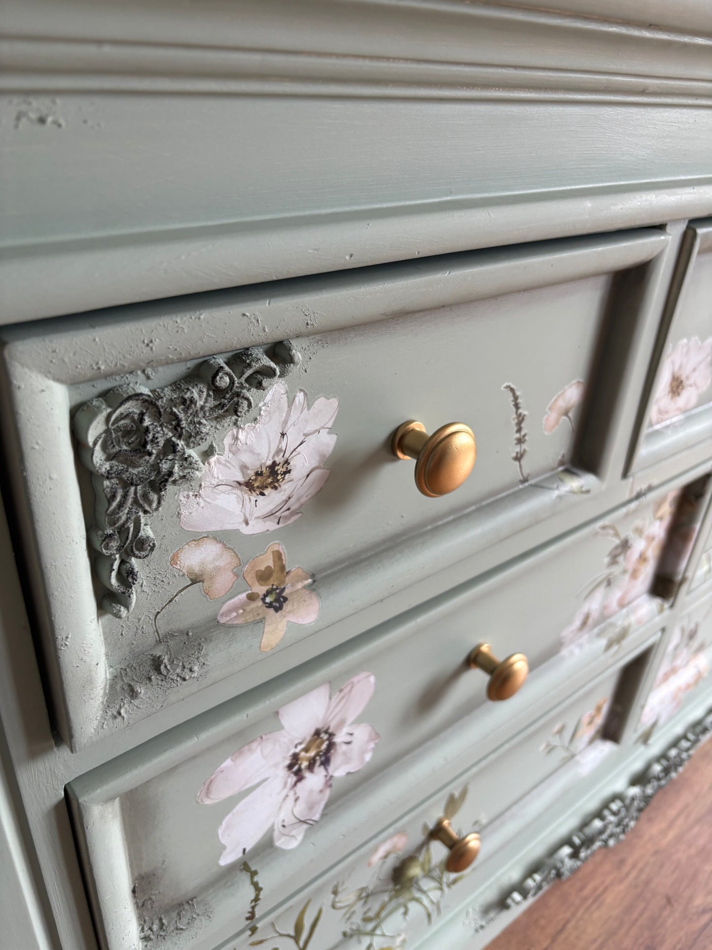 Chest of Drawers 7 large Sage Pale Green Floral Upcycled refurbished