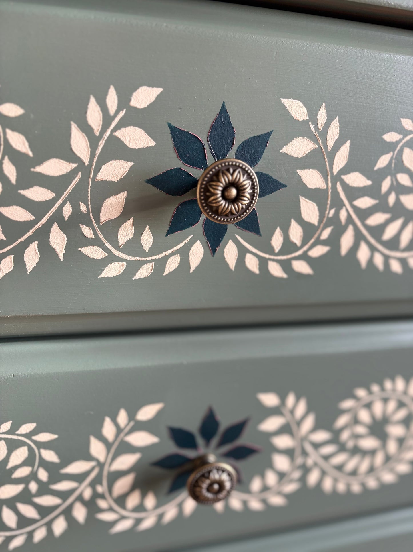 Handpainted Sage Green Stencil Chest of Drawers Upcycled