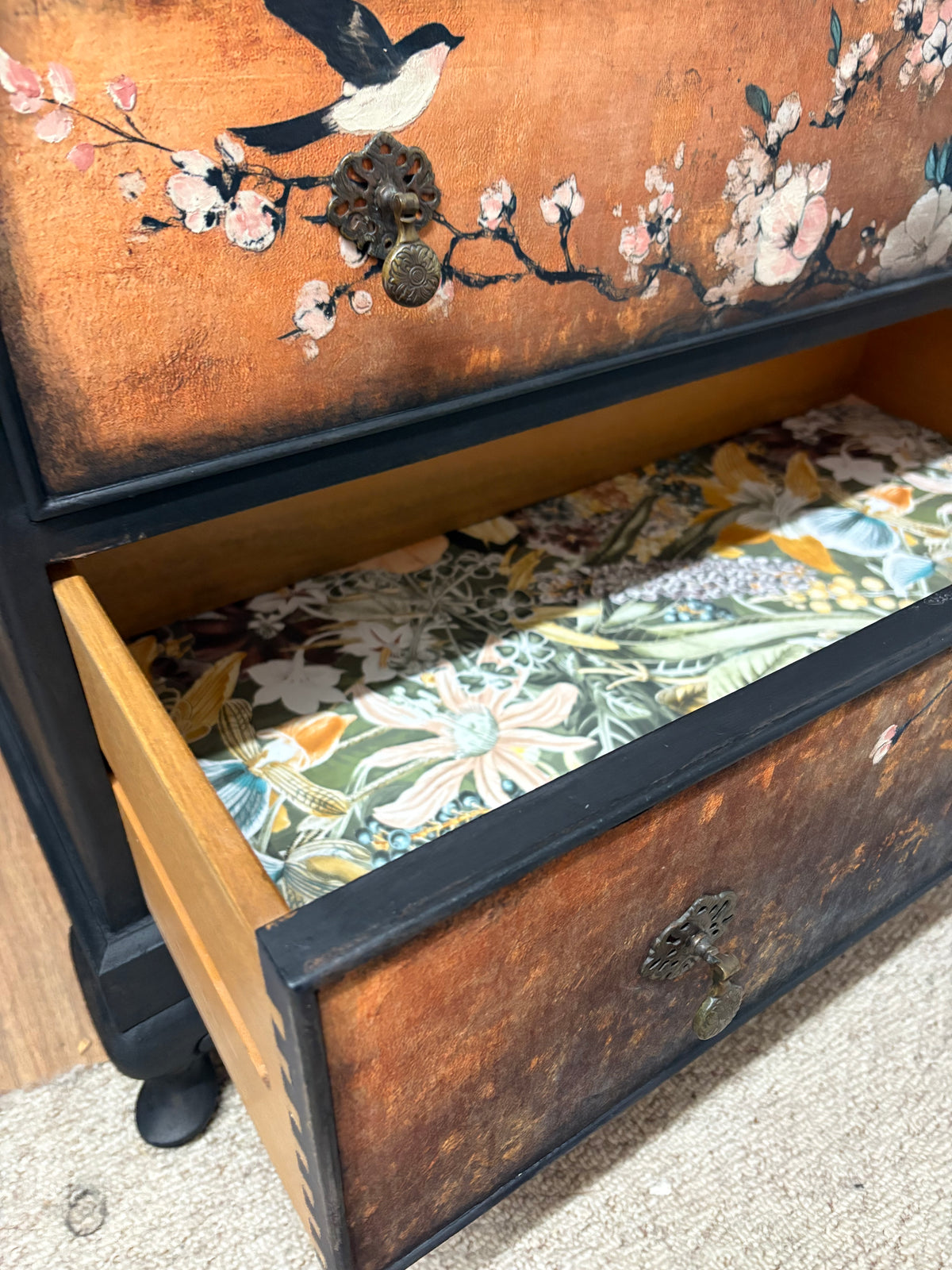 Copper Black Upcycled Oriental Bird Blossom Floral Chest of Drawers inc courier in price