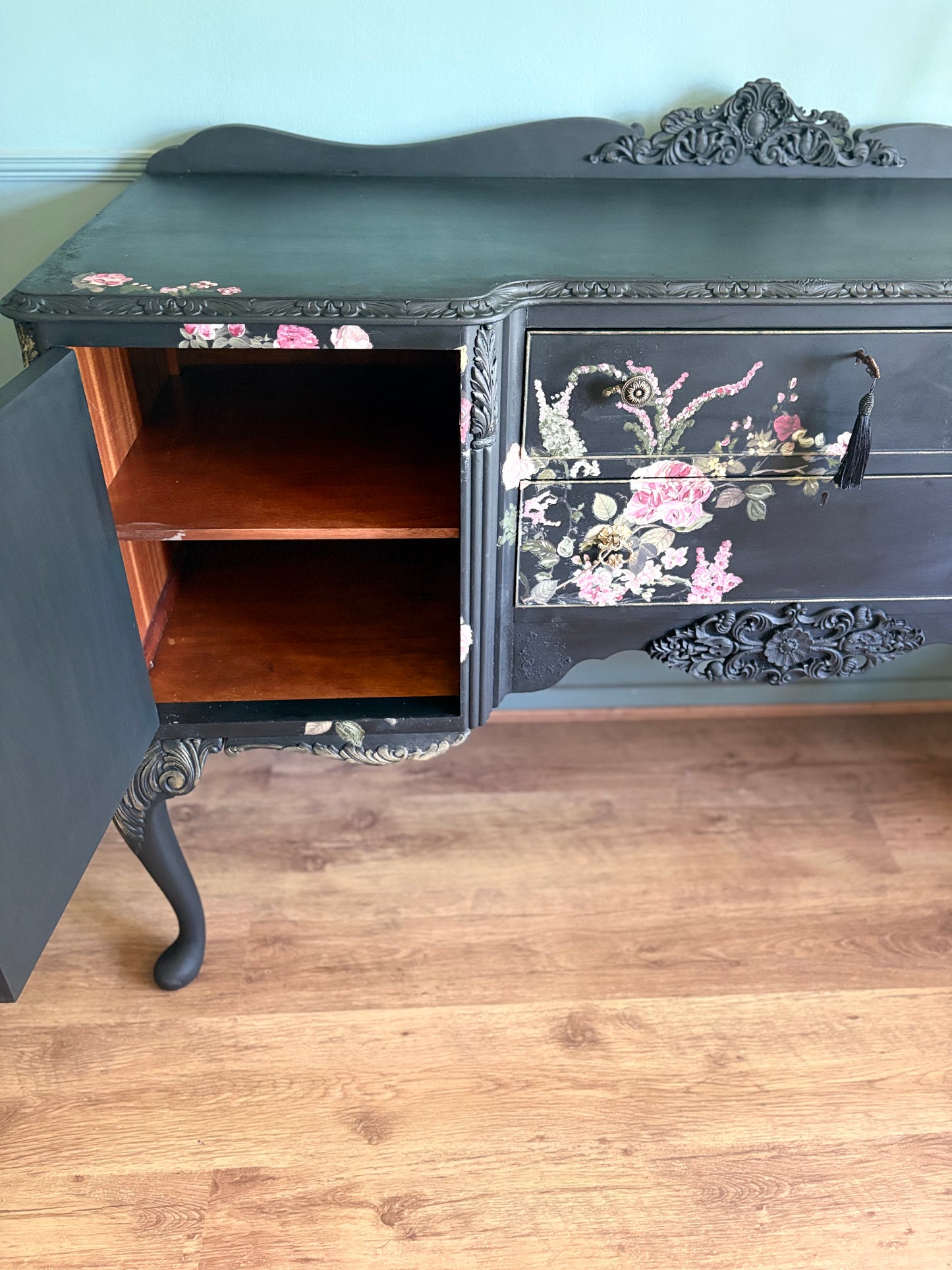 Vintage Refurbished Black Floral Rose Upcycled Sidboard lockable storage furniture