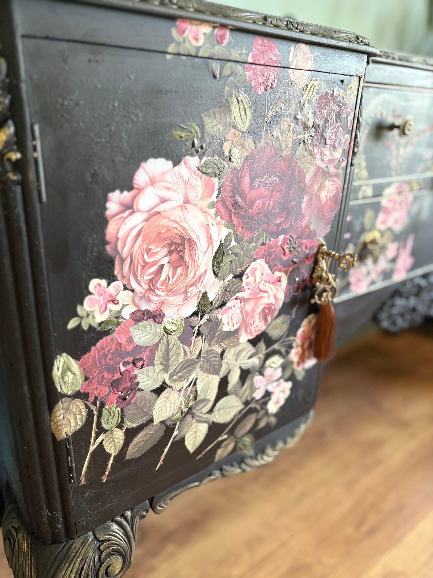 Vintage Refurbished Black Floral Rose Upcycled Sidboard lockable storage furniture