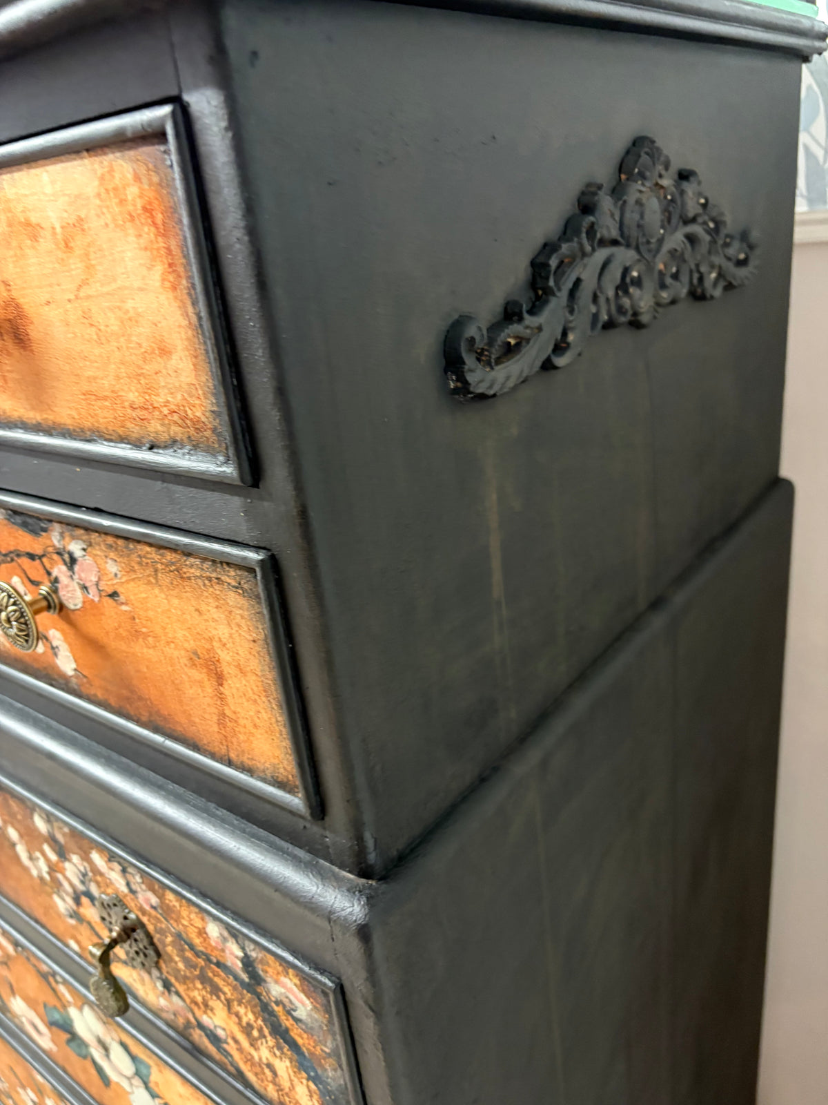 Copper Black Upcycled Oriental Bird Blossom Floral Chest of Drawers inc courier in price
