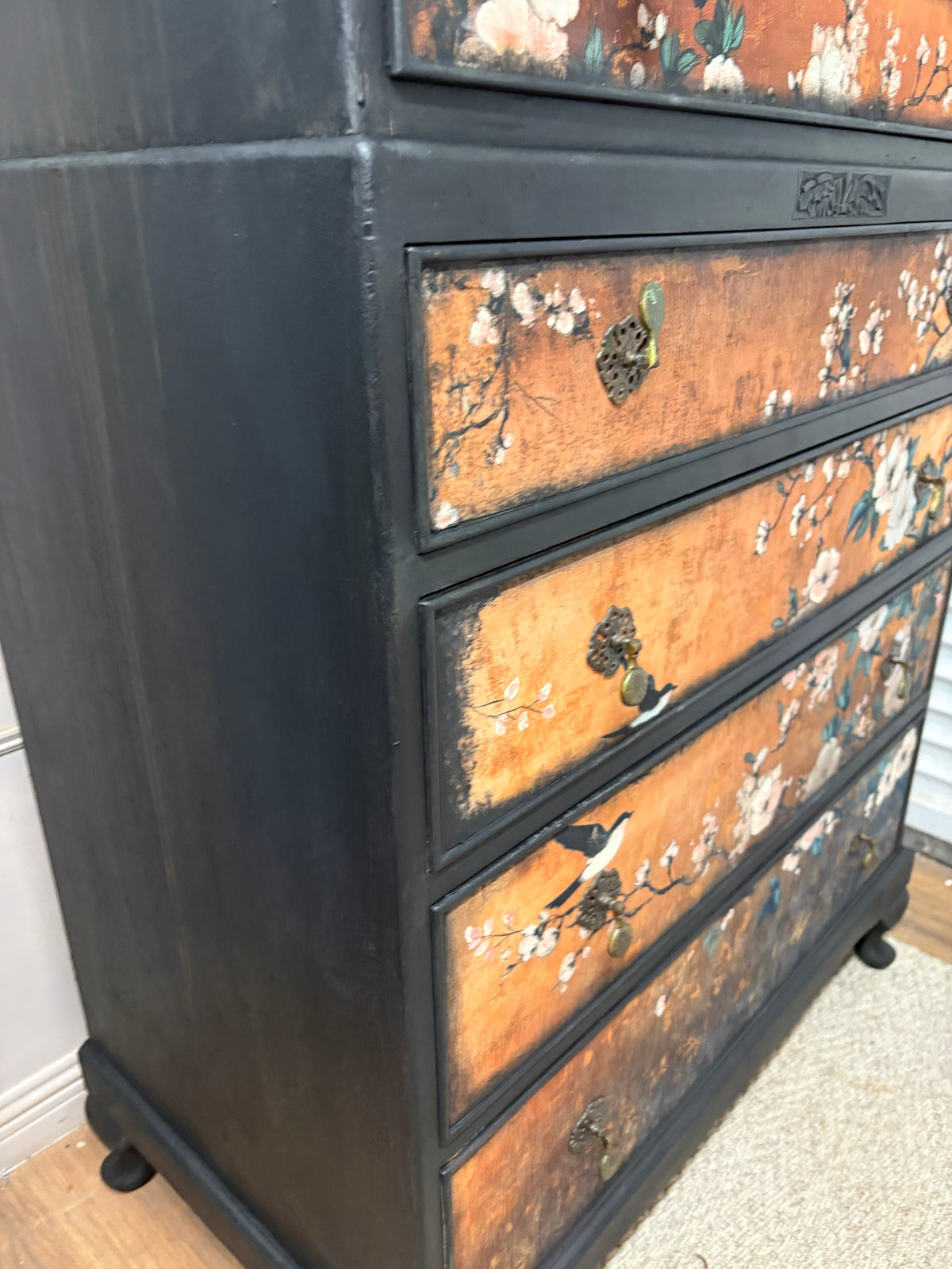 Copper Black Upcycled Oriental Bird Blossom Floral Chest of Drawers inc courier in price