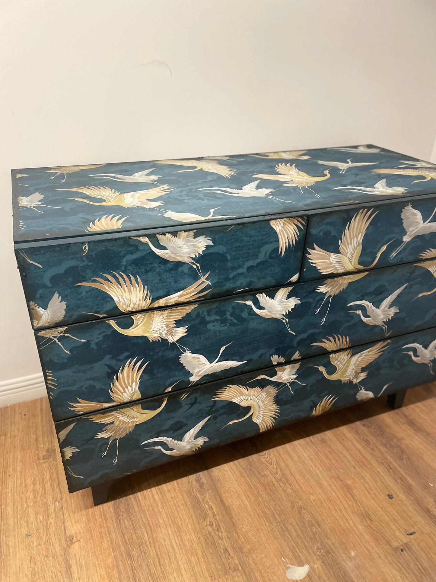 Navy Textured Crane Bird Gold Chest of Drawers