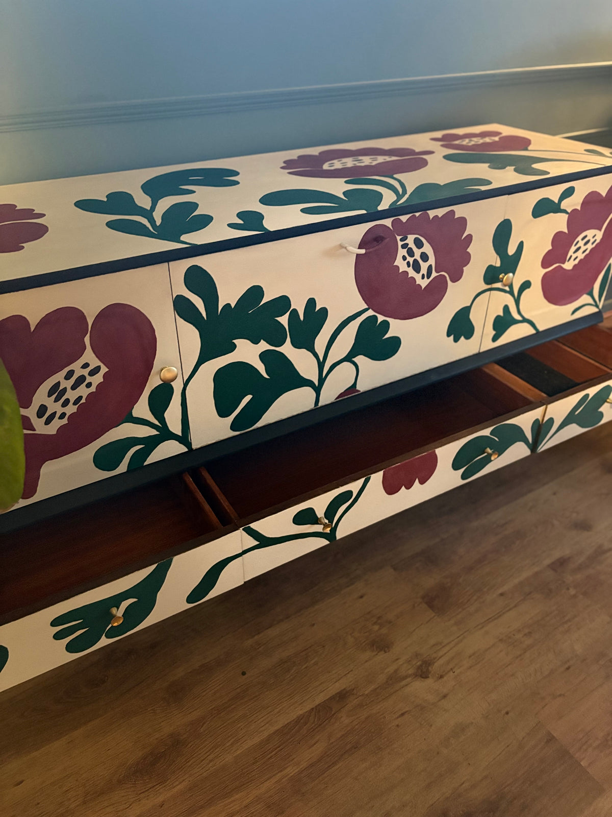 Upcycled floral green burgundy hand painted unique sideboard drinks cabinet