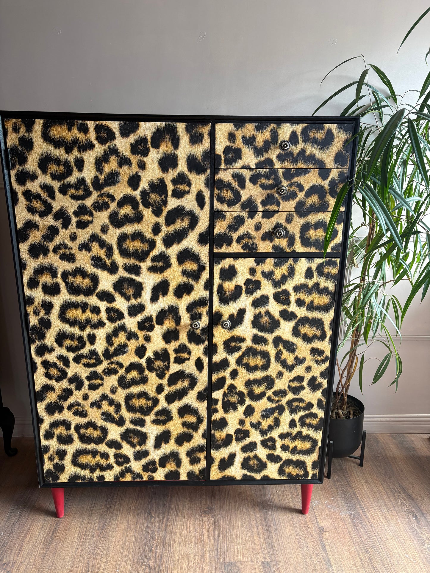 Leopard print wallpapered storage cabinet gentleman’s wardrobe upcycled refurbished